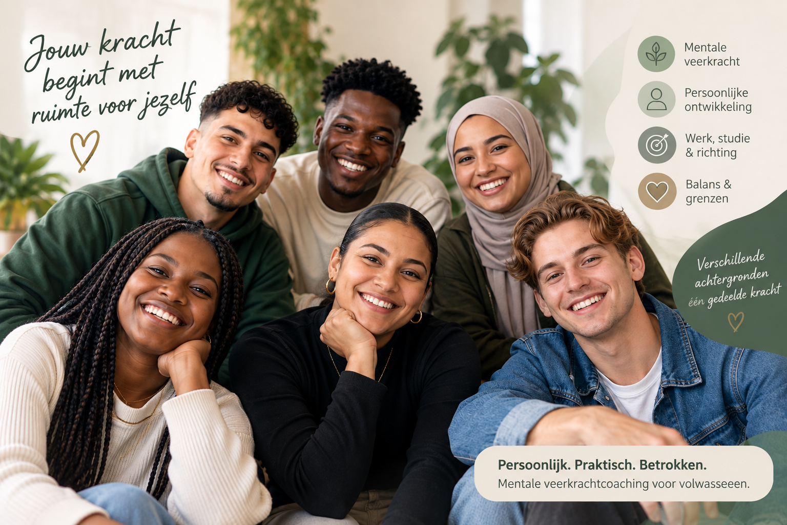 Een diverse groep jongvolwassenen bij de thema’s mentale veerkracht, persoonlijke ontwikkeling, werk, studie, richting, balans en grenzen